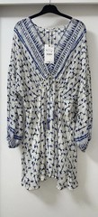 ZARA ECRU BLUE METALLIC THREADS PRINTED SHORT TUNIC DRESS WITH TASSELS SIZE XL