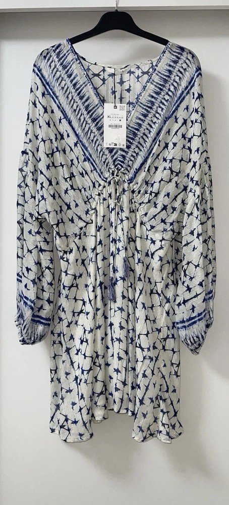 ZARA ECRU BLUE METALLIC THREADS PRINTED SHORT TUNIC DRESS WITH TASSELS SIZE XL