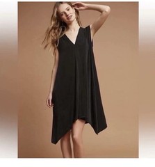 Eri + Ali Black Cupro Blend V-Neck Handkerchief Hem Shift Dress Size M