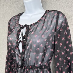 Mudd Dress Womens S Black Mini Sheer Floral Overlay Boho Tie Front Bell Sleeve