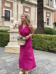 New Zara Linen Blend Halter Maxi Magenta Dress Small 3602/268