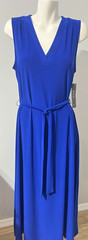 MSK Women Large Royal Blue Dress Long Maxi Slip On Liquid Knit Belt V-Neck New