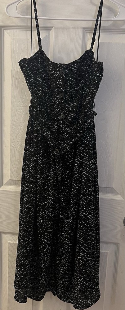 EXPRESS Small Black Polka Dot Belted Dress Coquette Sweetheart Button Strap