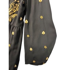 Dex Womens Black Gold Embroidered Paisley Tassel Tie Babydoll Dress Long Sleeve