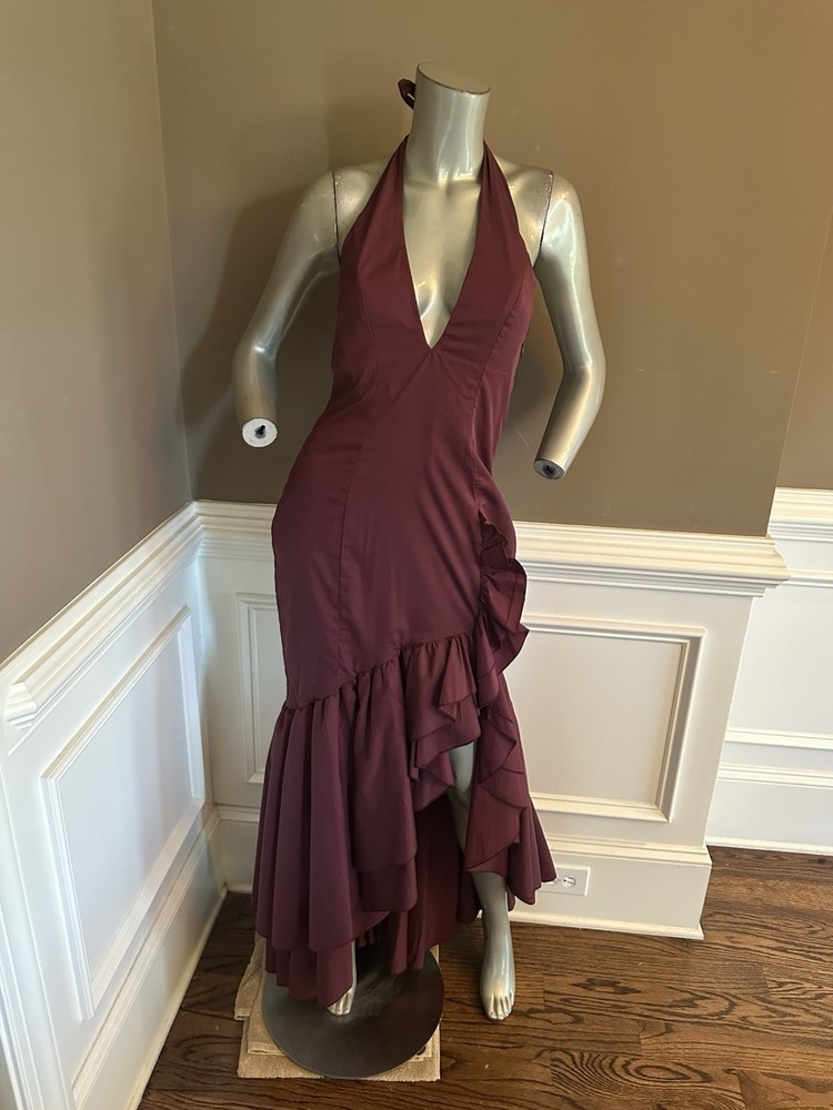 Babyboo Burgundy Ruffle High Split Maxi Plunge Halter Dress Sz M