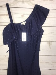 Maison Jules Navy Blue Dotted One-Ruffled Shoulder Dress-Ruffled Hem-Small-NWT