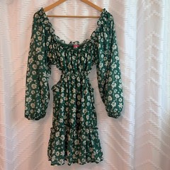 Flying Tomato Green Floral Cut-Out Mini Dress Boho Cottagecore Ruffle Medium