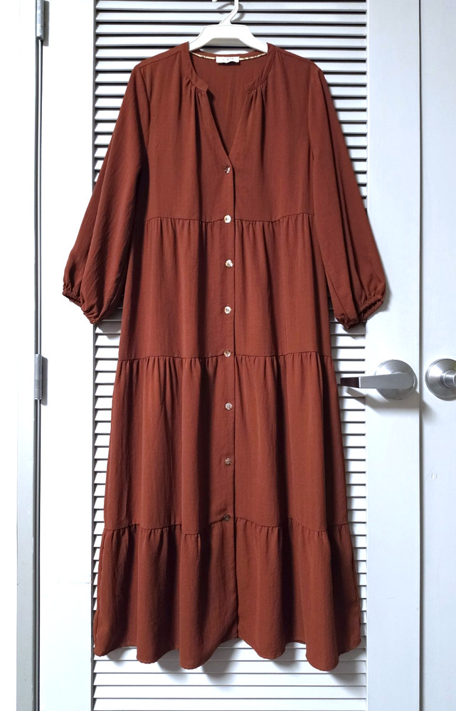 3/4 brown button down tiered maxi long dress S