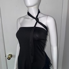 Micas Black Asymmetrical Halter Mini Dress Ruffle Mesh Hem Tube Top Style New L