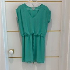 STYLE LOFT Teal Turquoise short lined cap sleeve V-Neck Dress with belt small