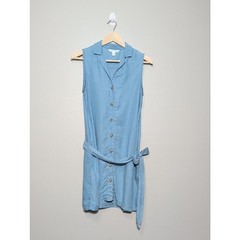 POPSUGAR Chambray Sleeveless Blue Button-Front Mini Shirt Dress Pockets Small