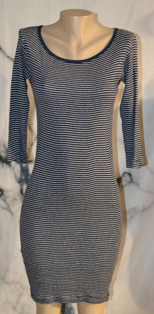 SMALL TRADES Dark Blue White Striped Lightweight Knit Dress 2 3/4 Sleeves USA