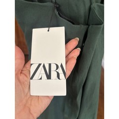 Zara NWT Linen Blend Diagonal Pleat Mini Dress Forest Green XS Spaghetti Strap