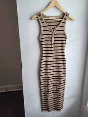 The Workshop Sleeveless Striped Knit Bodycon Maxi Dress Beige Black V-Neck Large