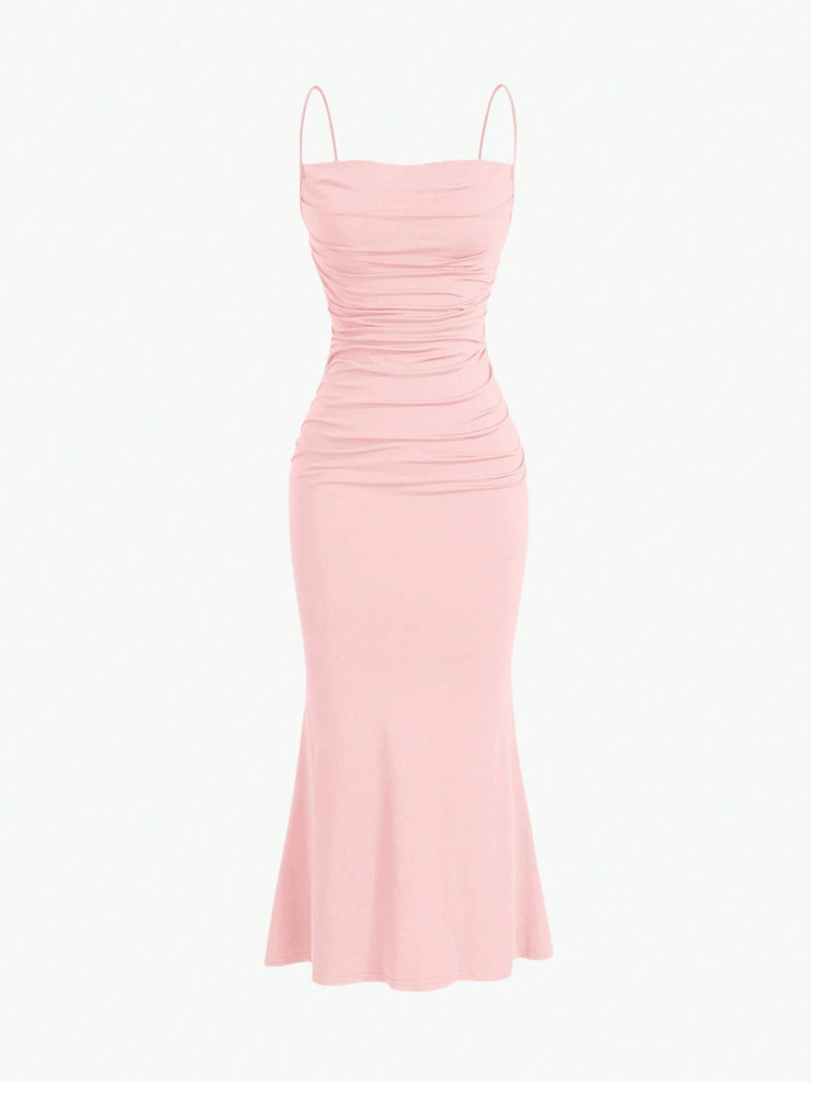 Coral Pink MOD Solid Ruched Mermaid Hem Cami Dress Sz XS S M L
