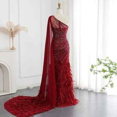 Feather One Shoulder Mermaid Evening Dress with Cape Prom Wedding Party Gowns