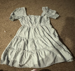 MINE Light Blue Square Neck Puff Sleeve Tiered Mini Dress Womens Size M