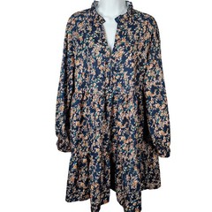 Navy Blue Floral Tiered Mini Dress Ruffle Neck Long Sleeve Babydoll peasant