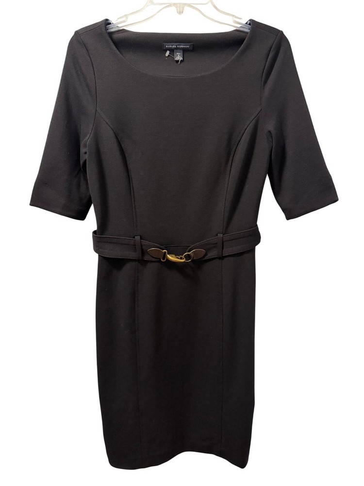Banana Republic Black Tall 8 Sheath Dress With Belted Waist & 3/4 Sleeves Dress