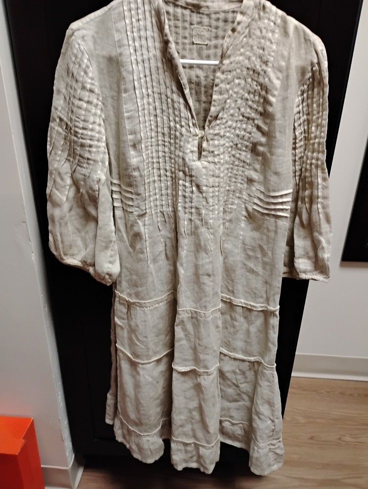 120% Lino Beige Linen Pleated Midi Shirt Dress V-Neck 3/4 Sleeve S
