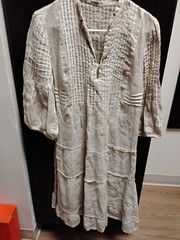 120% Lino Beige Linen Pleated Midi Shirt Dress V-Neck 3/4 Sleeve S
