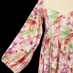 Pink Floral Sweetheart Puff Sleeve Maxi Dress Sz 6 M Boho Cottagecore Coquette