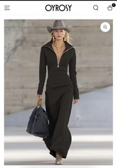 OYROSY Black V-Neck Front Zip Stretch Long Sleeve Solid Maxi Dress L