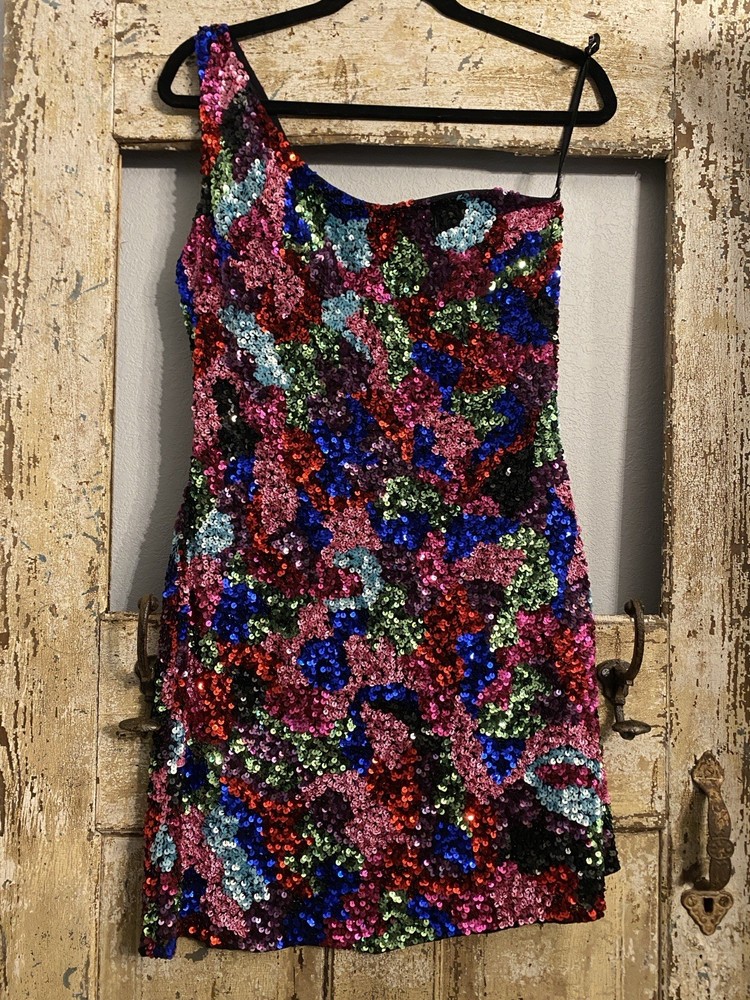 NWT SCALA One Shoulder Sequined Mini Dress With Built In Bra, Size 12