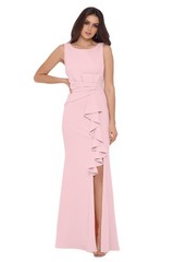 Betsy & Adam Women&rsquo;s Long Sleeveless Boat Neck Ruffle Side Slit Scuba Crepe