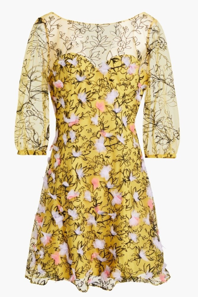 Marchesa Notte Embriodered Tulle Mini Dress Size 6 Yellow Floral Wedding NWT