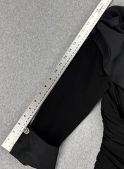 Black Tea Length Fit Flare Dress Ruched Waist Portrait Collar Noir Elegance 6