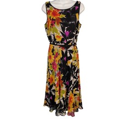 Talbots Pure Silk Floral Midi Dress Sleeveless Black Yellow Orange Pink 6 boho