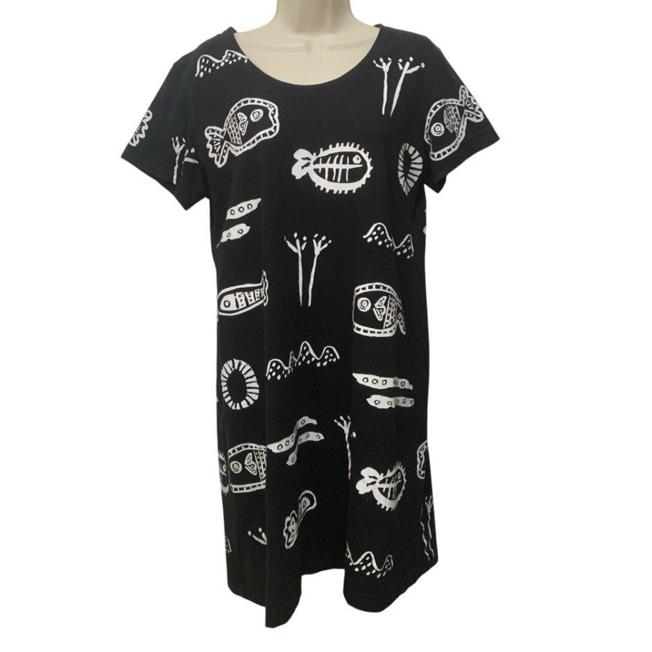 M. Mac Cotton Fields Fish Print Shift Dress Small Black White Made USA Cotton