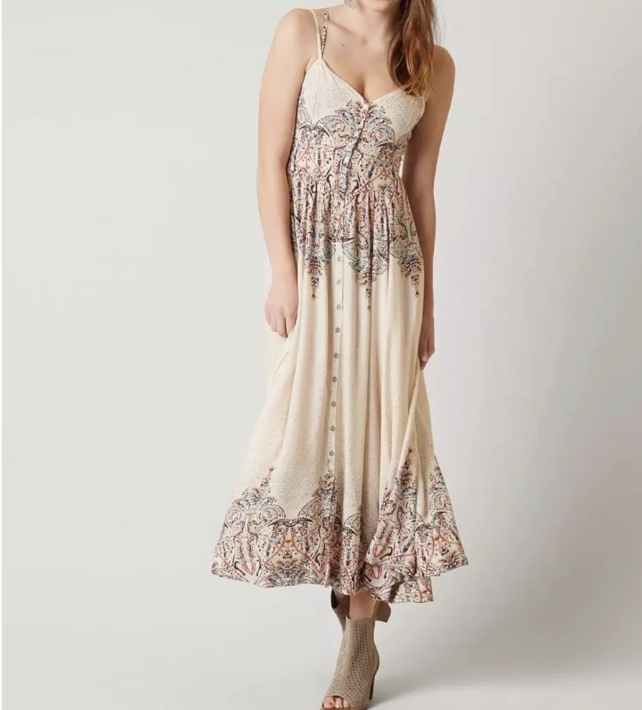 Free People Women’s Be My Baby Button Front Maxi Dress Size M Boho Gypsy Ivory