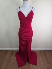Emerald Sundae Red Spaghetti Strap Long Maxi Formal Gown Ruching Slit Medium