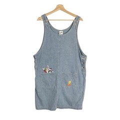 Vintage Looney Tunes 90s Sleeveless Pinstripe Denim Jean Dress Size Large Womens