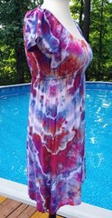Coral, Orchid, Ice Blue & Cobalt Ice Dye Tie Dye Midi Peasant Style Dress ~ Sz S