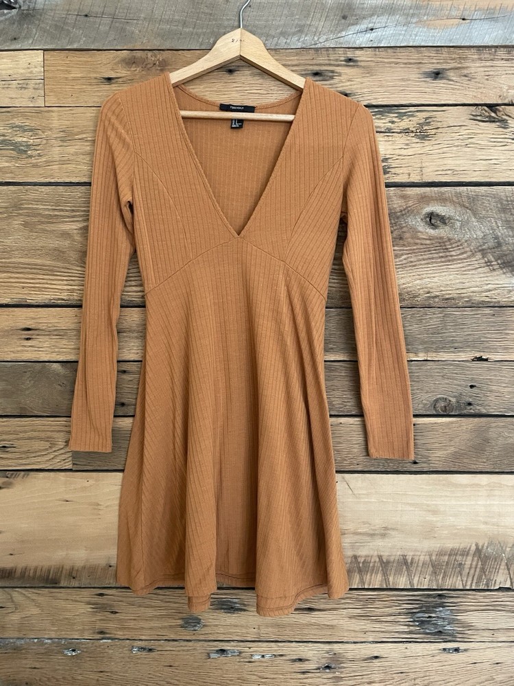 Womens Juniors Forever 21 Deep V Neck Dress Ribbed Long Sleeve Rusty Orange Sz S