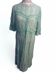 Vintage Style Embroidered Renaissance Crochet Maxi Dress Mint Green 2XL