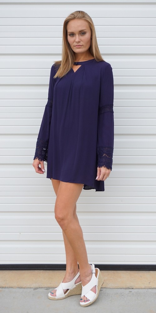 Iris Navy Blue Tunic Flutter Mini Dress | Lace Trimmed Bell Sleeves S M ID2662