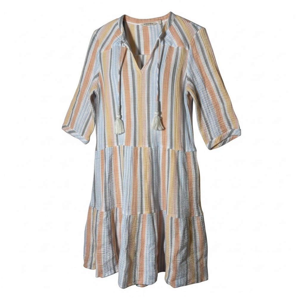 Soft Surroundings 100% Cotton Gauze Multicolor Stripe Midi Dress Medium Petite
