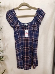 Self Esteem Juniors Large Textured Smocked‑Back Empire‑Waist Dress Blue Plaid