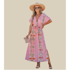 Cupshe Tiered Maxi Dress Large Pink V-Neck Elastic Waist Side Slits NWT Boho