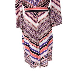 Y2K Boho Flowy Medium Midi Dress NWT Geometric Festival Pink Bell Sleeve Stretch