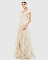 Mac Duggal Size 16 Ivory Nude Embellished Flutter Sleeve Lace A-Line Gown $798