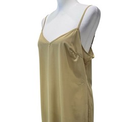 French Connection Satin Slip Dress Mini V Neck Spaghetti Strap Olive Tan L NWOT