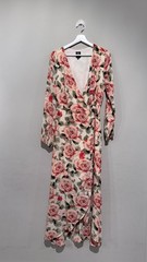 Bobeau Roses Floral V Neck Beige/Pink Crepe Wrap Maxi Dress Women M Spring Summe