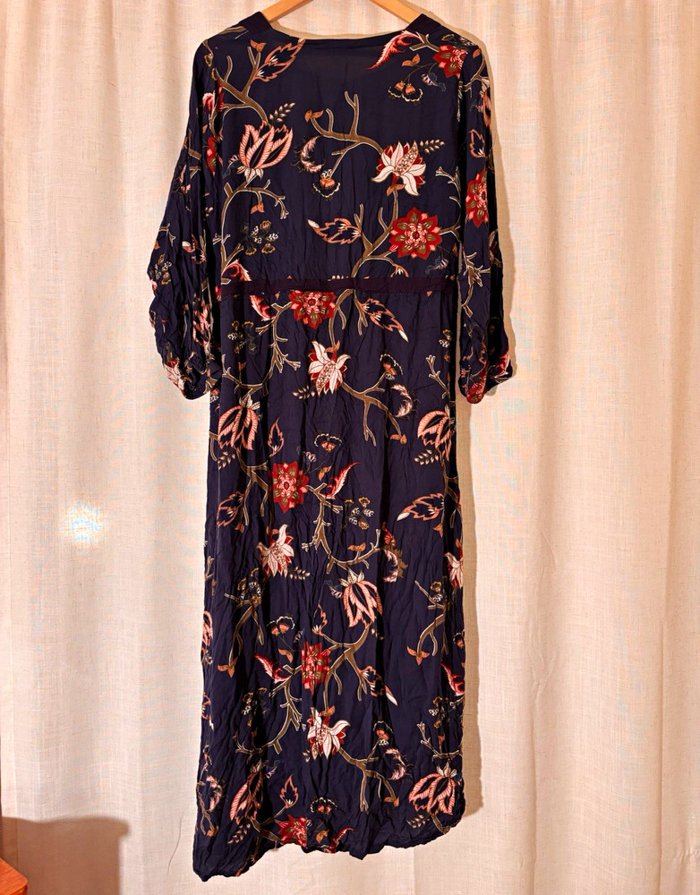 Prairie Cottagecore Garden Navy Floral Midi Dress w/ Waist tie, Size M