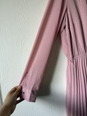 ABLETREE Pink Solid Collared Button Front Pleated Lined Dress