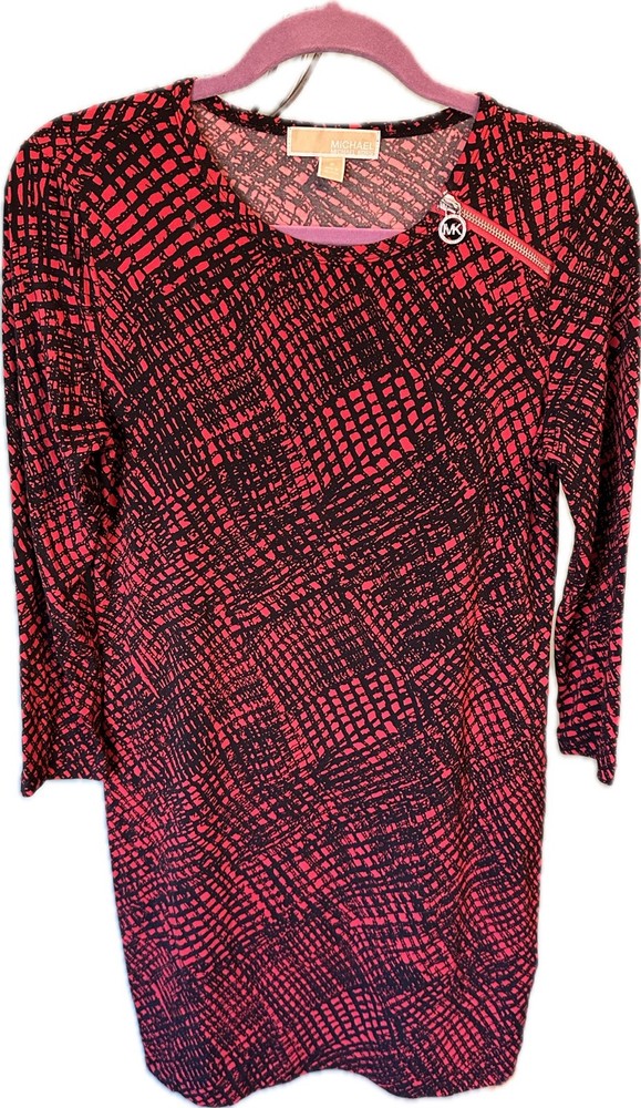 MICHAEL KORS RED PLAID GRID PRINT SLINKY LOGO ZIPPER SHOULDER SHIFT DRESS SZ S